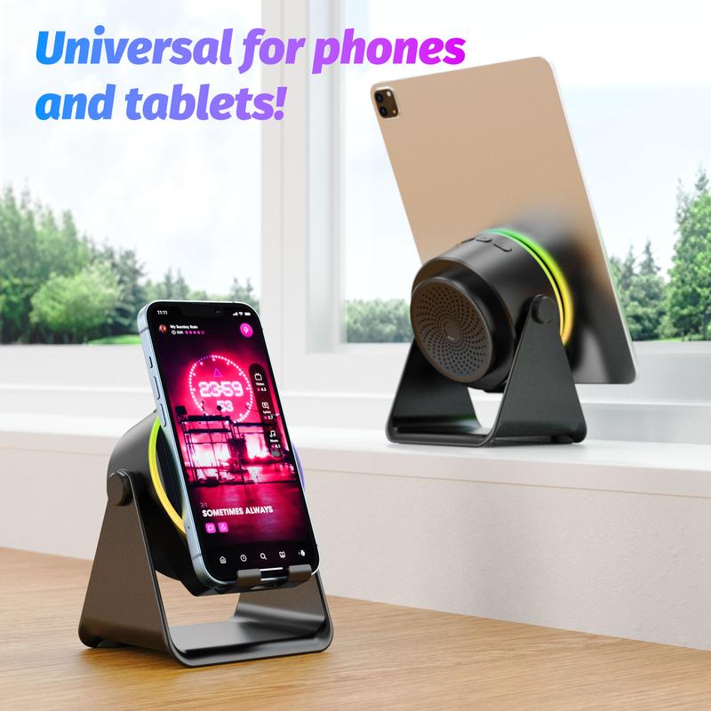 Dohelly 4 IN 1 Wireless Induction Audio Bluetooth Speaker, 360° Rotation Stand with LED, Universal Speaker Stands for Surround Sound&Charger,Portable Desktop Stand Gift for Home, Shower, Outdoors, Travel