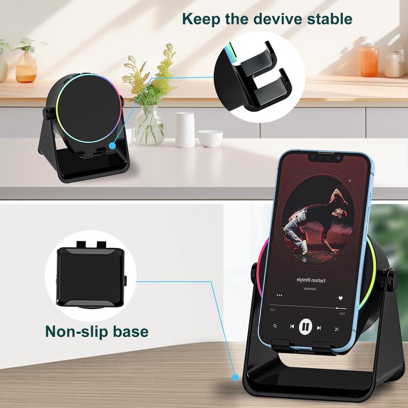 Dohelly 4 IN 1 Wireless Induction Audio Bluetooth Speaker, 360° Rotation Stand with LED, Universal Speaker Stands for Surround Sound&Charger,Portable Desktop Stand Gift  for Home, Shower, Outdoors, Travel
