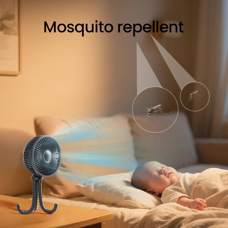 Gaiatop Baby Stroller Fan, Mosquito-Repellent Fan, Octopus Fan-4000mAh Oscillating Portable Fan with Light, 4 Speeds, Battery-Operated, 360° Rotating Tripod, Clip-On for Stroller, Car Seat, Crib, Travel Fans, Tummy Time