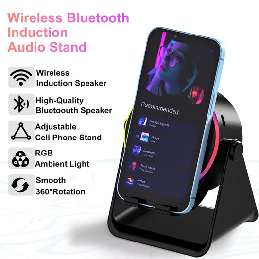Dohelly 4 IN 1 Wireless Induction Audio Bluetooth Speaker, 360° Rotation Stand with LED, Universal Speaker Stands for Surround Sound&Charger,Portable Desktop Stand Gift  for Home, Shower, Outdoors, Travel