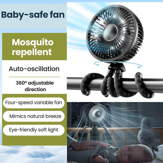 Gaiatop Baby Stroller Fan, Mosquito-Repellent Fan, Octopus Fan-4000mAh Oscillating Portable Fan with Light, 4 Speeds, Battery-Operated, 360° Rotating Tripod, Clip-On for Stroller, Car Seat, Crib, Travel Fans, Tummy Time